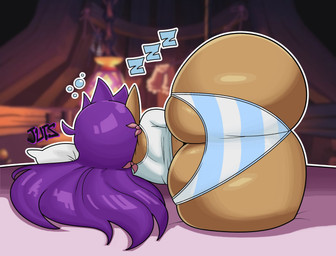 bed bedding big_butt blue_clothing blue_panties blue_underwear blurred_background bottomwear brown_body brown_skin butt clothing female furniture hair huge_butt humanoid_pointy_ears long_hair not_furry panties pattern_bottomwear pattern_clothing pattern_panties pattern_underwear pillow pointy_ears purple_hair rear_view shirt sleeping solo striped_bottomwear striped_clothing striped_panties striped_underwear stripes topwear underwear white_clothing white_panties white_shirt white_topwear white_underwear wide_hips jutsapostion shantae_(series) wayforward shantae genie humanoid 2026 hi_res