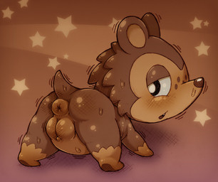 anus bodily_fluids butt female feral genitals looking_back pattern_background plump_labia presenting presenting_hindquarters puffy_anus rear_view shaking simple_background solo star star-shaped_background star_polygon sweat vulva momiji-kun animal_crossing nintendo sable_able eulipotyphlan hedgehog mammal