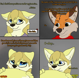 age_difference angry annoyed anthro blonde_hair blue_eyes bodily_fluids clothing dialogue duo eyewear female fur glasses glint green_eyes hair loli looking_at_another male male/female orange_body orange_fur pajamas scared scarf sniffling tears tears_of_sadness yellow_body yellow_fur young young_anthro young_female coffeekit ollie(coffeekit) polymorph canid canine fox mammal absurd_res comic hi_res