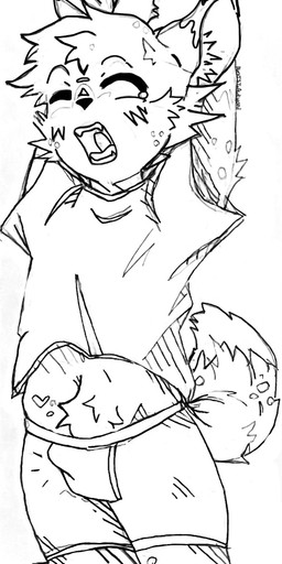 anthro boxers_(clothing) clothed clothing clothing_lift erection erection_under_clothing fluffy fluffy_tail male morning_wood open_mouth shirt shirt_lift solo stretching tail teary_eyes tenting topwear underwear yawn yawning_position alexistoawkward canid canine mammal hi_res monochrome sketch traditional_media_(artwork)