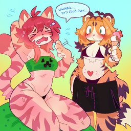 >_< blush breasts claws cleavage clothed clothing countershading duo eyes_closed facial_piercing fangs female food fruit fur heart_symbol heat_(temperature) ice_cream_cone kneeling leg_tuft navel nose_piercing open_mouth piercing plant strawberry striped_body striped_fur stripes swimming_trunks swimwear teeth thigh_tuft tuft underwear underwear_only hamsterscooter artfight2025 microsoft minecraft mojang twitch.tv xbox_game_studios tabby_(catgenderzz) yumi_(catniplewds) felid mammal pantherine tiger 1:1 2025 hi_res nonbinary_(lore)