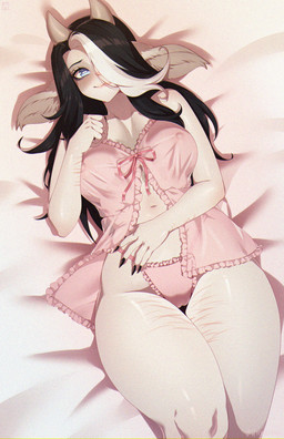 anthro babydoll bed black_hair blue_eyes blush breasts clothing female furniture hair hair_over_eye highlights_(coloring) leg_scar long_hair looking_at_viewer multicolored_hair navel nightgown nipple_outline on_bed panties pink_babydoll pink_clothing pink_panties pink_underwear scar self-harm_scars smile solo thigh_scar two_tone_hair underwear white_hair white_highlights wrist_scar tokki-bam lotti_(nakoma) bovid caprine goat mammal digital_media_(artwork) film_grain hi_res