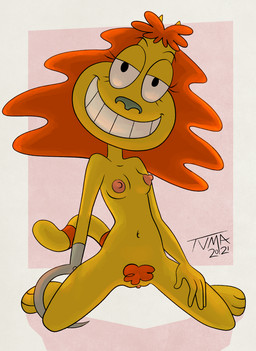amputee anthro bedroom_eyes breasts disability female front_view fur genitals grin hair half-closed_eyes hand_on_leg hand_on_thigh hook hook_hand kneeling looking_at_viewer markings narrowed_eyes navel nipples nude orange_hair pubes ring_(marking) ringed_tail seductive smile solo striped_markings striped_tail stripes tail tail_markings toony vulva yellow_body yellow_fur tvma nickelodeon rocko's_modern_life dr._hutchison domestic_cat felid feline felis mammal 2021 full-length_portrait hi_res portrait