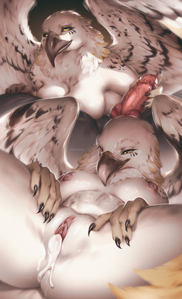 anthro anthro_on_anthro areola balls beak biped bodily_fluids breasts butt claws cum cum_in_vagina cum_inside duo erection feathers female female/female fingers fur genital_fluids genitals male nipples nude nude_anthro nude_female nude_male penis smile vulva wings strigiformes avian bird 2026 digital_drawing_(artwork) digital_media_(artwork) hi_res