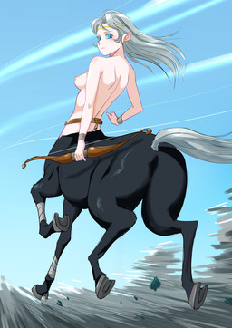 accessory animal_ears areola belt black_body black_fur blue_eyes bow_(weapon) breasts casual_nudity female fur hair headband holding_bow_(weapon) holding_object holding_ranged_weapon holding_weapon hooves light_body light_skin long_hair looking_back medium_breasts nipples nude nude_female nude_taur quadruped ranged_weapon rear_view solo tail weapon sarukichi european_mythology greek_mythology mythology centaur equid equid_taur humanoid_taur mammal mammal_taur taur absurd_res hi_res