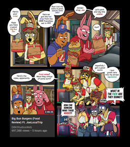 anthro baseball_cap beverage burger clothing computer drive-thru electronics fast_food fast_food_employee fast_food_uniform food furgonomics hat headgear headwear laptop male onomatopoeia profanity sound_effects text text_on_baseball_cap text_on_clothing text_on_hat text_on_headwear work_clothes work_uniform ponehanon big_bun_burgers claire_(ponehanon) dale_(ponehanon) dun_(ponehanon) george_(ponehanon) lagomorph leporid mammal rabbit comic english_text hi_res