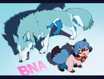 anatomically_correct anatomically_correct_genitalia animal_genitalia barely_visible_genitalia barely_visible_sheath blue_eyes blue_hair claws countershading dipstick_tail duo fangs female feral feralized fully_sheathed fur genitals gloves_(marking) green_body green_fur hair leg_markings male markings shadow sheath socks_(marking) tail tail_markings teeth white_body white_countershading soukosouji brand_new_animal studio_trigger michiru_kagemori shirou_ogami canid canine canis mammal raccoon_dog tanuki wolf 2020 letterbox