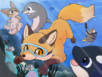 4_toes ambiguous_gender black_body black_skin blue_eyes brown_body brown_fur bubble claws countershading dipstick_tail dorsal_fin electronics eyewear feet feral fin fur goggles grey_body grey_fur group markings multicolored_body multicolored_fur open_mouth orange_body orange_eyes orange_fur pawpads paws smile tail tail_markings toes two_tone_body underwater water white_body white_fur white_skin yellow_eyes fusau aquatic canid canine cetacean dolphin fox lagomorph leporid mammal mouse murid murine oceanic_dolphin orca rabbit rodent toothed_whale 2023 4:3 hi_res