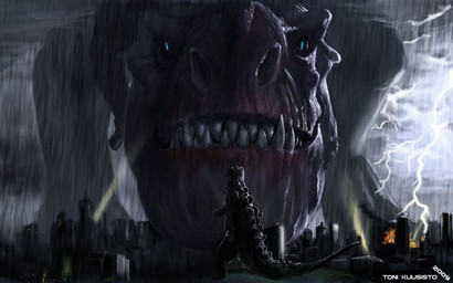 ambiguous_gender city cityscape detailed_background duo electricity extreme_size_difference fire glowing glowing_eyes landscape_dwarfing lightning lights macro night outside raining size_difference smoke spotlight storm tail teeth toni_kuusisto godzilla_(series) toho godzilla zilla kaiju reptile scalie 16:10 dark_theme wallpaper widescreen