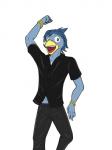 anthro beak bracelet dancing hair jewelry male pose simple_background solo white_background fuze texnatsu josh_oliver avian bird bluebird oscine passerine thrush_(bird) 3:4 hi_res