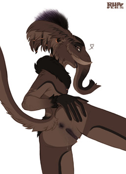 5_fingers accessory anthro anus areola barbell_piercing big_ears black_body black_fur black_hair bodily_fluids braided_ears braided_fur braided_hair breasts brown_body brown_fur brown_tusk butt ear_piercing ear_ring elise_(rhaelrhaelrasputin) eyebrow_piercing eyebrows facial_piercing feet female fingers floppy_ears fluffy fluffy_chest fluffy_ears fluffy_shoulders fluffy_tail fur genital_fluids genital_piercing genitals gold_piercing gradient_eyes hair hair_accessory hand_on_butt heart_symbol highlights_(coloring) jewelry long_hair looking_at_viewer markings messy_hair multicolored_body multicolored_fur neck_tuft nipple_piercing nipples nude on_one_leg open_mouth orange_eyes piercing plantigrade presenting presenting_anus presenting_hindquarters presenting_vulva proboscis_(anatomy) purple_anus purple_eyes purple_hair purple_nipples purple_vulva rear_view ring_(jewelry) ring_piercing simple_background slim_tail small_breasts solo spread_butt spread_vulva spreading standing tail tied_hair toes trunk_(anatomy) tuft tusks vaginal_fluids vulva vulva_piercing white_sclera rhaelrhaelrasputin elephantid mammal mammoth prehistoric_species proboscidean woolly_mammoth absurd_res hi_res