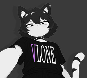 anthro black_hair clothing collarbone female glistening glistening_hair hair looking_at_viewer markings pointy_ears prick_ears selfie sharp_teeth shirt short_hair solo striped_markings striped_tail stripes t-shirt tail tail_markings teeth topwear razval valeria_(razval) domestic_cat felid feline felis mammal absurd_res hi_res