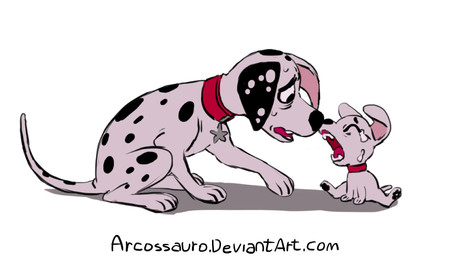 black_ears black_nose black_spots bodily_fluids collar crying duo female feral floppy_ears fur heterochromatic_ears male orange_collar pawpads red_collar spots tears text toony white_body white_fur white_spots young arcossauro 101_dalmatian_street 101_dalmatians disney dorothy_(101_dalmatians) dylan_(101_dalmatians) canid canine canis dalmatian domestic_dog mammal url