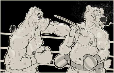 anthro belly blood blood_on_face bodily_fluids boxing_gloves boxing_shorts clothing duo face_punch fighting_ring handwear male moobs motion_lines musclegut muscular navel nipples nosebleed open_mouth overweight overweight_anthro overweight_male saliva saliva_string shirtless_male sweat hunter-husky the_jungle_book baloo fisherman_bear_(bedknobs_and_broomsticks) bear mammal greyscale hi_res monochrome