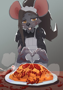 4_fingers anthro biped brown_hair claws clothed clothed_anthro clothed_female clothing female finger_claws fingers food front_view fur grey_body grey_fur hair smile solo teeth tongue whiskers yellow_eyes el-k ratricia_(el-k) mammal mouse murid murine rodent 2025 absurd_res digital_drawing_(artwork) digital_media_(artwork) hi_res