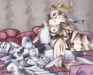 antennae_(anatomy) anthro areola arthropod_abdomen bed biped blush breasts duo eyelashes female female/female fingers fluffy fur furniture genitals grinding holding_leg lying multi_limb neck_tuft nipples on_back pillow sex tribadism tuft vaginal vulva wings ssleepyflowers arthropod insect lepidopteran moth 2025 hi_res signature