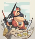 accessory anthro armor belly big_belly big_moobs boots border branch clothed clothing cloud countershading crop_top day footwear furgonomics gauntlets gloves hair handwear headgear helmet holding_melee_weapon holding_object holding_sword holding_weapon kemono knight leaf male melee_weapon moobs navel nipples outside overweight overweight_anthro overweight_male rock scabbard scales shirt shoes sky solo standing sword tail tail_accessory tail_armor tailband tank_top teeth thick_thighs thong topwear unconvincing_armor underwear warrior weapon white_border moki_(artist) mythology dragon mythological_creature mythological_scalie scalie 2021