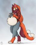 anthro belly big_belly biped camera clothed clothing female fur green_eyes hair legwear orange_hair pregnant pregnant_anthro pregnant_female simple_background smile solo standing geckoguy123456789 royalty_(artist) domestic_cat felid feline felis mammal 2017 digital_media_(artwork) hi_res