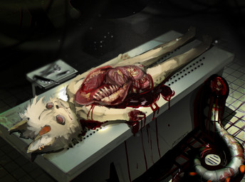 after_surgery amputated amputee andromorph andromorph_anthro anthro autopsy autopsy_table big_clitoris blood blood_puddle bodily_fluids clitoris corpse dark death detailed_background disability ear_piercing fur genitals gore guts gutspill intersex intersex_anthro intestines kemono knife light looking_up lung lying medical medical_instrument missing_arm nosebleed nude_andromorph nude_anthro on_back organs piercing pink_clitoris pink_vulva ribs scientific_instrument scissors solo tan_body tan_fur vulva boxwater canid canine mammal 2026 detailed digital_media_(artwork) digital_painting_(artwork) hi_res lighting painting_(artwork) shaded trans_(lore) trans_man_(lore)