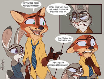 age_difference anthro biped clothed clothing dialogue duo_focus eyewear female female_anthro fur glasses grey_body grey_fur group interspecies male male_anthro necktie older_anthro older_male open_mouth orange_body orange_fur rabbit_ears scut_tail sharp_teeth short_tail size_difference speciesism speech_bubble tail tan_body tan_fur teeth text trio white_body white_fur younger_anthro younger_male caketriflez_(peachee) disney zootopia judy_hopps nick_wilde otto_hopps canid canine european_rabbit fox lagomorph leporid mammal oryctolagus rabbit red_fox true_fox comic digital_media_(artwork) english_text hi_res signature grandchild_(lore) granddaughter_(lore) grandfather_(lore) grandfather_and_grandchild_(lore) grandfather_and_granddaughter_(lore) grandparent_(lore) grandparent_and_grandchild_(lore)