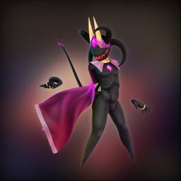 accessory ambiguous_gender black_body bow_(feature) bow_accessory bow_ribbon cape chest_gem clothing crown eyeless floating_hands furgonomics gem glowing glowing_mouth headgear headwear horn mostly_nude pose ribbons ring smile solo tail tail_accessory tail_bow tail_ribbon yipkin demon humanoid 1:1 3d_(artwork) digital_media_(artwork) hi_res