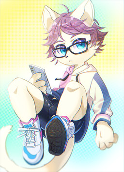 4_fingers abstract_background ahoge anthro bangs black_bottomwear black_clothing black_nose black_spandex blue_clothing blue_eyes blue_hoodie blue_topwear bottomwear bulge cat_tail cellphone clothed clothing curling_tail ears_up electronics eyebrows eyewear fingers floating footwear fur glasses glistening glistening_bottomwear glistening_clothing glistening_shorts hair holding_object holding_phone hoodie looking_at_viewer male multicolored_clothing phone pink_clothing pink_eyebrows pink_hair pink_hoodie pink_topwear shoe_soles shoes shorts smartphone sneakers solo spandex spandex_clothing spandex_shorts sweater tail tight_bottomwear tight_clothing tight_shorts topwear wearing_glasses white_body white_clothing white_fur white_hoodie white_topwear young young_anthro young_male kuzugitsune domestic_cat felid feline felis mammal