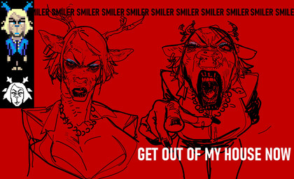 2_horns 5_fingers angry anthro antlers big_breasts biped black_text blouse blue_eyeshadow bra breasts cleavage cleavage_overflow clothed clothing command command_to_leave curved_eyebrows dialogue ear_piercing ear_ring eye_veins eyebrows eyelashes eyeshadow female fingernails fingers front_view gem gesture hair half-closed_eyes hand_gesture horn humanoid_hands iris jewelry leaning leaning_forward lips looking_at_viewer makeup nails narrowed_eyes necklace no_pupils one_eye_half-closed pearl_(gem) pearl_necklace piercing pointing pointing_at_viewer red_background ring_piercing short_hair simple_background snout solo standing talking_to_viewer teeth text thick_eyelashes thick_lips tongue topwear underwear vein white_text yelling yelling_at_viewer brothersmiler deltarune undertale_(series) carol_holiday deer mammal new_world_deer reindeer 2025 artist_name digital_drawing_(artwork) digital_media_(artwork) english_text hi_res reference_image restricted_palette