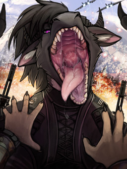 aircraft airplane ambiguous_gender ambiguous_pov anthro black_hair black_horn bodily_fluids cheek_tuft claws clothed clothing dripping drooling duo explosion facial_tuft finger_claws first_person_view front_view fur grey_body grey_fur hair horn inner_ear_fluff jet looking_at_viewer male male_anthro mouth_shot narrowed_eyes open_mouth outside pink_tongue purple_eyes saliva saliva_bubble saliva_drip solo_focus tan_body tan_fur tongue tongue_out tuft vehicle white_inner_ear_fluff acidic mythology dragon furred_dragon furred_scalie mythological_creature mythological_scalie scalie hi_res