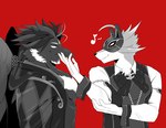 anthro beak clothing dress_shirt duo fur male mask shirt suit topwear vest chuurow lifewonders live_a_hero alchiba vulpecula avian canid canine fox mammal 2023 hi_res monochrome