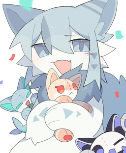 anthro blue_eyes blue_hair confetti cute_fangs fangs fur hair hug hugging_object hugging_plushie kemono looking_at_viewer male plushie solo teeth white_body white_fur monu_0w0 domestic_cat felid feline felis mammal hi_res