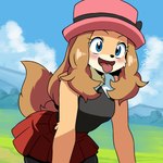 alternate_species anthro blush clothing countryside female happy hat headgear headwear solo tongue tongue_out qsky nintendo pokemon serena_(pokemon) canid canine canis domestic_dog mammal 1:1 absurd_res hi_res
