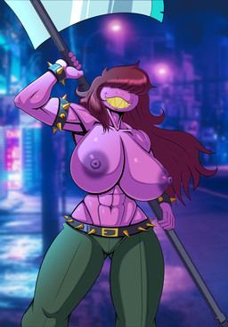 5_fingers abs anthro areola armband axe belt big_breasts biped bottomwear bracelet breasts clothed clothing female fingers hair hair_over_eyes huge_breasts jewelry melee_weapon muscular muscular_anthro muscular_female nipple_dip nipples non-mammal_breasts non-mammal_nipples pants sharp_teeth smile smiling_at_viewer solo spiked_armband spiked_belt spiked_bracelet spikes teeth toothy_grin topless topless_anthro topless_female weapon katanasmirk cc-by-nc creative_commons deltarune undertale_(series) susie_(deltarune) scalie absurd_res hi_res