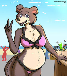 5_fingers anthro beach belly big_breasts bikini blue_sky bow_bikini breasts brown_body brown_fur cheek_tuft chest_tuft claws clothed clothed_anthro clothed_female clothing countershade_face countershade_fur countershade_neck countershade_torso countershading day detailed_background eyelashes facial_tuft female finger_claws fingers fur gesture group hand_gesture humanoid_hands long_eyelashes looking_at_viewer navel open_mouth open_smile outside pink_bikini pink_clothing pink_swimwear pregnant pregnant_anthro pregnant_female purple_eyes skimpy sky smile smiling_at_viewer snout solo_focus swimwear tan_body tan_countershading tan_fur text tuft two-piece_swimsuit v_sign ventral_groove obscureaccretion beastars juno_(beastars) canid canine canis mammal wolf 2025 absurd_res artist_name hi_res portrait shaded three-quarter_portrait