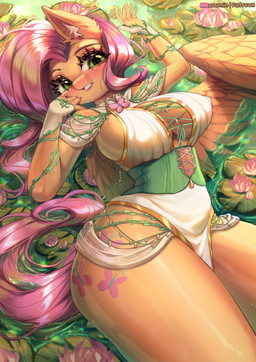 animal_ears anthro biped breasts clothed clothing eyelashes feathered_wings feathers female glistening glistening_body green_eyes hair lily_pad lying partially_submerged pink_hair plant pupils solo thick_thighs water wings yellow_body hikerumin friendship_is_magic hasbro my_little_pony mythology fluttershy_(mlp) equid equine mammal mythological_creature mythological_equine pegasus hi_res