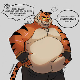 anthro belly belly_grab big_belly bottomwear burping chest_tuft clothing dialogue duo fangs fur male orange_body orange_fur overweight overweight_male pants solo_focus speech_bubble striped_body striped_fur stripes tan_body tan_fur teeth text tuft yellow_sclera mindof epic_games fortnite oscar_(fortnite) wendell_(fortnite) canid canine canis felid mammal pantherine tiger wolf 1:1 english_text hi_res