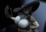2021 absurd_res alcina_dimitrescu amber_eyes anthro big_breasts black_lips bow_experiment_(resident_evil) breasts cadou_host_(resident_evil) canid canine canis capcom claws cleavage clothed clothing dialogue dress ear_piercing english_text female hat headgear headwear hi_res high-angle_view jewelry lips mammal mature_anthro mature_female max_blackrabbit necklace piercing raven_hunt resident_evil smile solo sun_hat sundress text vampire wide_brim_hat wolf