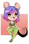 anthro big_ears black_tail bottomwear bra breasts chibi clothing female footwear fur gradient_hair green_clothing green_eyes hair multicolored_body multicolored_fur pants pink_hair purple_hair shoes simple_background sneakers solo sports_bra sweatpants tail tan_body tan_fur two_tone_body two_tone_fur underwear ghostfireee taffyda_cellosa mammal mouse murid murine rodent absurd_res hi_res