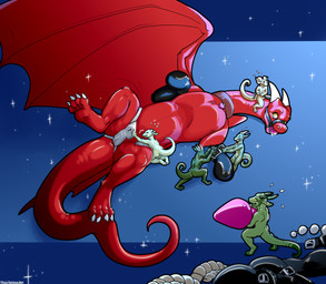 anal_beads anthro ball_gag bdsm bodily_fluids bondage bound buttplug chastity_belt chastity_device collar drooling feral gag group horn male mitten_gloves plug_(sex_toy) red_body red_scales saliva scales sex_toy tail wings danji-isthmus mythology hueroc dragon kobold mythological_creature mythological_scalie scalie