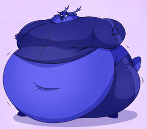 anthro antlers belly belly_expansion belly_inflation belly_overhang big_belly big_butt blue_body blue_fur blueberry_inflation butt clothed clothing expansion fur hooves horn huge_belly hyper hyper_belly hyper_inflation immobile inflation male moobs motion_lines navel solo spherical_inflation standing swelling swollen_cheeks tracksuit worried wonkalicious deer mammal 2023 hi_res