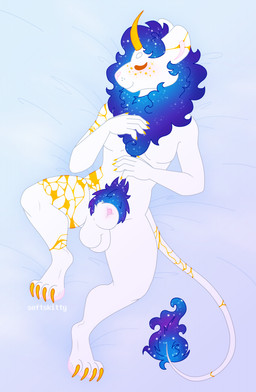 4_toes 5_fingers animal_genitalia anthro balls bedding bedding_background bird's-eye_view blue_mane breasts claws cosmic_mane cracks_in_body eyes_closed featureless_breasts feet fingers freckled_face freckles fur genitals gynomorph high-angle_view horn intersex kintsugi_(art) lying mane nude nude_gynomorph on_back penis penis_tip pubes sheath simple_background sleeping small_breasts solo solo_focus star_freckles tail tail_tuft toes tuft white_body white_fur yellow_claws yellow_horn softskitty pluto_(softskitty) felid hybrid lion mammal pantherine 2026 absurd_res digital_drawing_(artwork) digital_media_(artwork) flat_colors full-length_portrait hi_res line_art portrait trans_(lore) trans_woman_(lore)