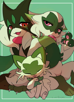 ambiguous_gender chest_tuft claws evolutionary_family eyes_closed feral gesture group hand_gesture licking looking_at_viewer mask pointing sitting smile teeth tongue tongue_out trio tuft carbonic nintendo pokemon floragato generation_9_pokemon meowscarada pokemon_(species) sprigatito hi_res