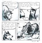 2015 4koma absurd_res anne_barnetson base_two_layout bison black_nose bone bovid bovine canid canine canis comic customer_service_wolf dialogue duo eating english_text exclamation_point feral four_frame_image grid_layout hard_vore hi_res humor mammal question_mark snout speech_bubble teeth text traditional_media_(artwork) two_row_layout vore wolf