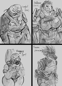 anthro arm_feathers arm_tuft armor beak big_breasts breasts fangs feather_hair feathered_crest feathers female gas_mask group hair head_crest mandibles mask non-mammal_breasts pseudo_hair pupils sharp_teeth slit_pupils standing teeth text thick_thighs tuft wide_hips doctordj halo_(series) microsoft xbox_game_studios alien avian jiralhanae kig-yar mammal primate sangheili scalie t'vaoan unggoy absurd_res english_text hi_res monochrome