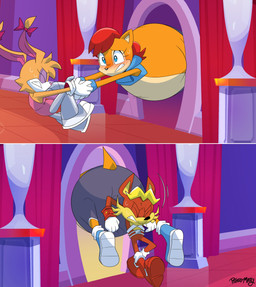 anthro belly big_belly blue_eyes blush brown_body brown_fur butt clothing eyes_closed female fur gloves group hair handwear inside male overweight red_hair trio potateymatey archie_comics sega sonic_the_hedgehog_(archie) sonic_the_hedgehog_(comics) sonic_the_hedgehog_(series) antoine_d'coolette bunnie_rabbot sally_acorn lagomorph leporid mammal rabbit rodent sciurid tree_squirrel 2026 absurd_res comic hi_res