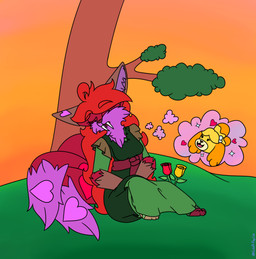 ahoge anthro big_hair breasts brown_ears clothed clothing day eyelashes eyes_closed fangs flower fur green_clothing hair heart_(marking) long_hair markings multicolored_ears open_mouth outside pink_clothing pink_ears pink_tail plant purple_body purple_fur purple_inner_ear purple_tail red_hair sabertooth_(anatomy) sleeping solo tail teeth thought_bubble topwear tree two_tone_ears two_tone_tail robynsnowyfoxxo animal_crossing nintendo isabelle_(animal_crossing) robyn_(robynsnowyfoxxo) canid canine felid fox hybrid mammal prehistoric_species saber-toothed_tiger 2020 absurd_res hi_res demigirl_(lore) nonbinary_(lore) trans_(lore) trans_woman_(lore)