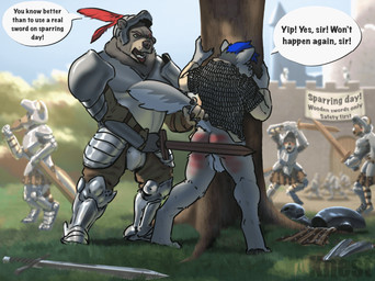against_natural_surface against_surface against_tree animated_gif anthro anthro_on_anthro armor backsack balls blue_hair bouncing_balls butt butt_slap dialogue duo_focus genitals group hair holding_object holding_weapon knight male male/male melee_weapon outside plant practice_sword public punishment slap spank_marks spanking spanking_focus speech_bubble sword tail tail_grab text tree warrior weapon wooden_sword knest bear canid canine mammal 2d_animation animated english_text hi_res loop motion_tweening short_playtime