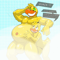 5_fingers after_transformation anthro beak belly big_belly biped bulge dialogue duo fingers glistening glistening_body hypnosis inflatable larger_male latex_body male mind_control nozzle nozzle_on_belly rubber_duck shower simple_background size_difference smile speech_bubble text yellow_body malyrn anatid animate_inanimate anseriform avian bird duck living_inflatable 1:1 2025 digital_media_(artwork) english_text hi_res