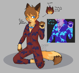 5_fingers anthro brown_ears brown_fingers brown_hair brown_tail_tip chest_tuft clothed clothing dipstick_tail fingers fur glowing hair heterochromia kneeling male markings onesie orange_body orange_fur pacifier pattern_clothing pattern_onesie pawpads red_clothing solo tail tail_markings text tongue tongue_out tuft young young_anthro young_male cozywaves canid canine fox mammal hi_res