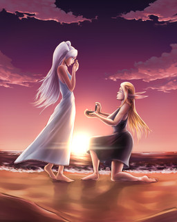 barefoot beach blue_eyes breasts clothing covering covering_mouth dress duo feet female female/female hair humanoid_pointy_ears kneeling long_hair marriage_proposal not_furry on_one_knee open_mouth outside pigtails pointy_ears romantic romantic_ambiance seaside standing sunset water white_hair bakuhaku elf human humanoid mammal 4:5 hi_res