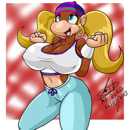 anthro big_breasts biped blonde_hair blue_eyes breasts cleavage clothed clothing ear_piercing female fur hair hat headgear headwear long_hair midriff open_mouth piercing smile solo standing tongue mr_zero donkey_kong_(series) nintendo tiny_kong haplorhine kong mammal monkey primate 1:1 signature
